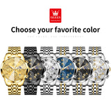 OLEVS 3676 Chronograph Watches for Men Business Dress Analog Quartz Gold Plated Stainless Steel Moon Phase Waterproof Luminous Date Luxury Mens Wrist Watches Reloj Para Hombre