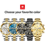 OLEVS 3678 Watches for Men Luxury Dress Chronograph Analog Quartz Gold Plated Stainless Steel Moon Phase Waterproof Luminous Date Fashion Mens Wrist Watches Reloj Para Hombre