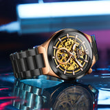 OLEVS 6722 Skeleton Watches for Men Luxury Dress Automatic Self Winding Mechanical Gold Plated Stainless Steel Waterproof Luminous Business Men Wrist Watch Reloj Para Hombre