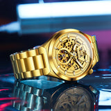OLEVS 6722 Skeleton Watches for Men Luxury Dress Automatic Self Winding Mechanical Gold Plated Stainless Steel Waterproof Luminous Business Men Wrist Watch Reloj Para Hombre