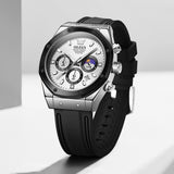 OLEVS 9911 Watches for Men Chronograph Waterproof Luxury Dress Quartz Silicon Strap Multifunction Moon Phase Business Calendar Luminous Men Wrist Watches Reloj Para Hombre Gray/Black/White