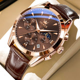 OLEVS Watches for Men 3609 Business Dress Analog Quartz Chronograph Casual PU Leather Waterproof Moon Phase Luminous Date Luxury Mens Wrist Watches Reloj Para Hombre
