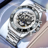OLEVS 6715 Automatic Watches for Men Skeleton Self Winding Mechanical Fashion Dress Chronograph Moon Phase Stainless Steel Waterproof Luminous Mens Wrist Watches Gift Reloj Para Hombre
