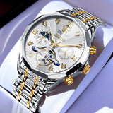OLEVS 6621Automatic Watches for Men Luxury Dress Waterproof Self Winding Mechanical Moon Phase Chronograph Stainless Steel Luminous Diamond Date Skeleton Tourbillon Wristwatch for Men Reloj Para Hombre