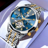 OLEVS 6621Automatic Watches for Men Luxury Dress Waterproof Self Winding Mechanical Moon Phase Chronograph Stainless Steel Luminous Diamond Date Skeleton Tourbillon Wristwatch for Men Reloj Para Hombre