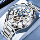 OLEVS 6722 Skeleton Watches for Men Luxury Dress Automatic Self Winding Mechanical Gold Plated Stainless Steel Waterproof Luminous Business Men Wrist Watch Reloj Para Hombre