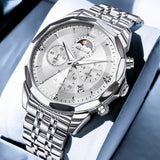 OLEVS 3673 Watches For Men Business Dress Luxury Casual Chronograph Multifunction Analog Quartz Stainless Steel Waterproof Luminous Moon Phase Date Men Wrist Watches Reloj Para Hombre White Dial