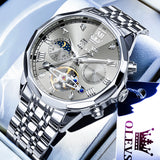 OLEVS 6620 Automatic Watches for Men Self Winding Mechanical Skeleton Luxury Dress Chronograph Gold Plated Stainless Steel Calendar Moon Phase Waterproof Luminous Mens Wrist Watches Reloj Para Hombre