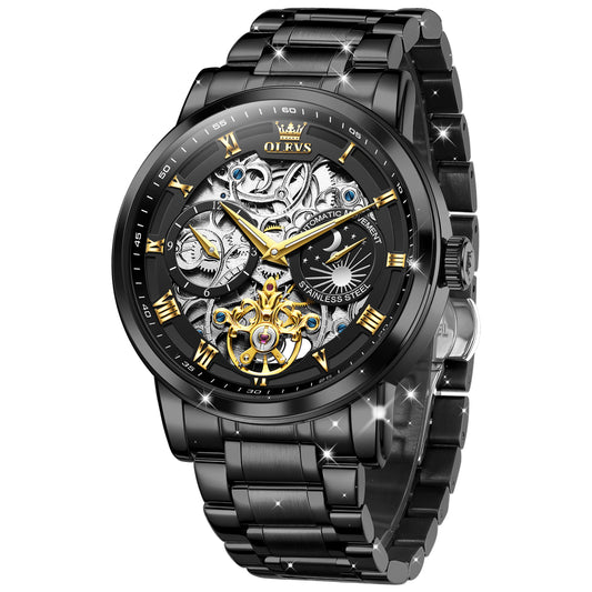 OLEVS 6670 Men Automatic Watch Diamond Skeleton Mechanical Luxury Self Winding Moon Phase Calendar Waterproof Wrist Watch for Men
