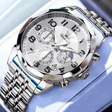 OLEVS 3676 Chronograph Watches for Men Business Dress Analog Quartz Gold Plated Stainless Steel Moon Phase Waterproof Luminous Date Luxury Mens Wrist Watches Reloj Para Hombre