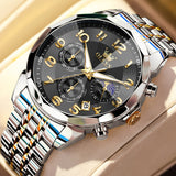 OLEVS 3676 Chronograph Watches for Men Business Dress Analog Quartz Gold Plated Stainless Steel Moon Phase Waterproof Luminous Date Luxury Mens Wrist Watches Reloj Para Hombre