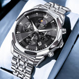 OLEVS 3673 Watches For Men Business Dress Luxury Casual Chronograph Multifunction Analog Quartz Stainless Steel Waterproof Luminous Moon Phase Date Men Wrist Watches Reloj Para Hombre White Dial