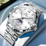 OLEVS 2956 Watches for Men Diamond Business Dress Casual Analog Moon Phase Calendar Quartz Stainless Steel Waterproof Luminous Date Men Wrist Watches Reloj Para Hombre White Dial