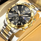 OLEVS 3678 Watches for Men Luxury Dress Chronograph Analog Quartz Gold Plated Stainless Steel Moon Phase Waterproof Luminous Date Fashion Mens Wrist Watches Reloj Para Hombre