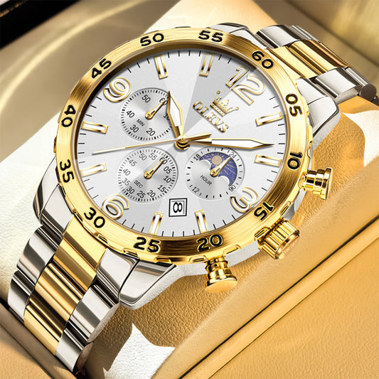 OLEVS 3678 Watches for Men Luxury Dress Chronograph Analog Quartz Gold Plated Stainless Steel Moon Phase Waterproof Luminous Date Fashion Mens Wrist Watches Reloj Para Hombre