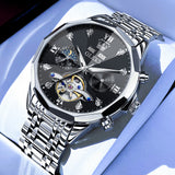 OLEVS 6621Automatic Watches for Men Luxury Dress Waterproof Self Winding Mechanical Moon Phase Chronograph Stainless Steel Luminous Diamond Date Skeleton Tourbillon Wristwatch for Men Reloj Para Hombre