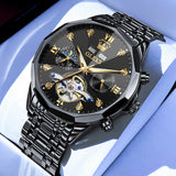OLEVS 6621Automatic Watches for Men Luxury Dress Waterproof Self Winding Mechanical Moon Phase Chronograph Stainless Steel Luminous Diamond Date Skeleton Tourbillon Wristwatch for Men Reloj Para Hombre