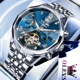 OLEVS 6620 Automatic Watches for Men Self Winding Mechanical Skeleton Luxury Dress Chronograph Gold Plated Stainless Steel Calendar Moon Phase Waterproof Luminous Mens Wrist Watches Reloj Para Hombre