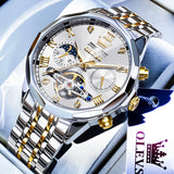 OLEVS 6620 Automatic Watches for Men Self Winding Mechanical Skeleton Luxury Dress Chronograph Gold Plated Stainless Steel Calendar Moon Phase Waterproof Luminous Mens Wrist Watches Reloj Para Hombre