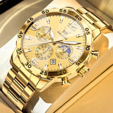 OLEVS 3678 Watches for Men Luxury Dress Chronograph Analog Quartz Gold Plated Stainless Steel Moon Phase Waterproof Luminous Date Fashion Mens Wrist Watches Reloj Para Hombre