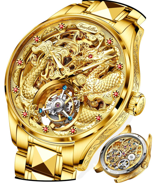 OUPINKE 3176 Gold Dragon Watches for Men Tourbillon Skeleton Mechanical Luxury Dress Automatic Self Winding Tungsten Steel Waterproof Sapphire Crystal Luminous Men’s Wrist Watch