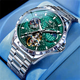 OLEVS 6689 Automatic Watches for Mens Starry Sky Skeleton Tourbillon Self Winding Mechanical Moon Phase Luminous Waterproof Luxury Dress Mens Wrist Watches Gifts Reloj Para Hombre Black/Blue/Green