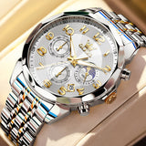 OLEVS 3676 Chronograph Watches for Men Business Dress Analog Quartz Gold Plated Stainless Steel Moon Phase Waterproof Luminous Date Luxury Mens Wrist Watches Reloj Para Hombre