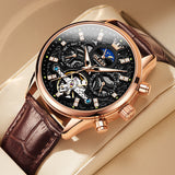 OLEVS 6658Automatic Watches for Men Self Winding Mechanical Chronograph Skeleton Flywheel Luxury Dress Black Brown Leather Diamond Moon Phase Waterproof Luminous Mens Wrist Watches Reloj Para Hombre