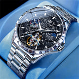 OLEVS 6689 Automatic Watches for Mens Starry Sky Skeleton Tourbillon Self Winding Mechanical Moon Phase Luminous Waterproof Luxury Dress Mens Wrist Watches Gifts Reloj Para Hombre Black/Blue/Green