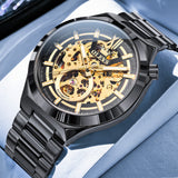 OLEVS 6722 Skeleton Watches for Men Luxury Dress Automatic Self Winding Mechanical Gold Plated Stainless Steel Waterproof Luminous Business Men Wrist Watch Reloj Para Hombre