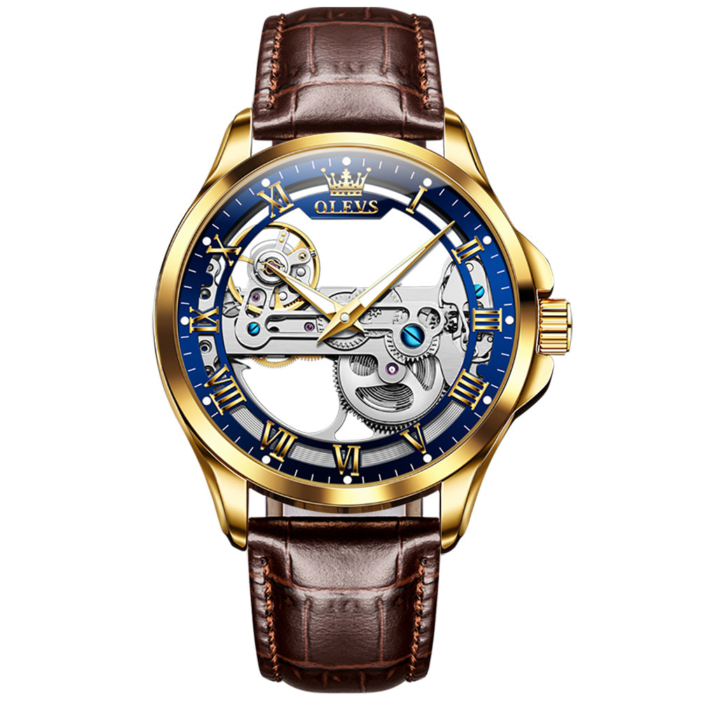 Orologio Meccanico Automatico OLEVS Uomo A Scheletro - Pelle Nera, Cassa Argento/bianco - Impermeabile E Luminoso