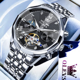 OLEVS 6620 Automatic Watches for Men Self Winding Mechanical Skeleton Luxury Dress Chronograph Gold Plated Stainless Steel Calendar Moon Phase Waterproof Luminous Mens Wrist Watches Reloj Para Hombre