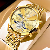OLEVS 6621Automatic Watches for Men Luxury Dress Waterproof Self Winding Mechanical Moon Phase Chronograph Stainless Steel Luminous Diamond Date Skeleton Tourbillon Wristwatch for Men Reloj Para Hombre