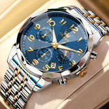 OLEVS 3676 Chronograph Watches for Men Business Dress Analog Quartz Gold Plated Stainless Steel Moon Phase Waterproof Luminous Date Luxury Mens Wrist Watches Reloj Para Hombre