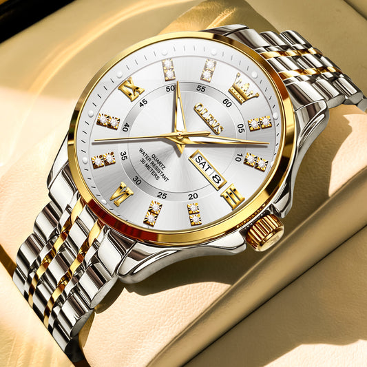 OLEVS 3620 Watches for Men Business Dress Analog Quartz Date Stainless Steel Easy Read Waterproof Luminous Luxury Casual Mens Wrist Watches Reloj Para Hombre Gold/Silver/Blue