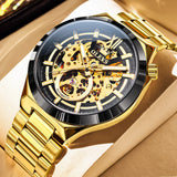 OLEVS 6722 Skeleton Watches for Men Luxury Dress Automatic Self Winding Mechanical Gold Plated Stainless Steel Waterproof Luminous Business Men Wrist Watch Reloj Para Hombre