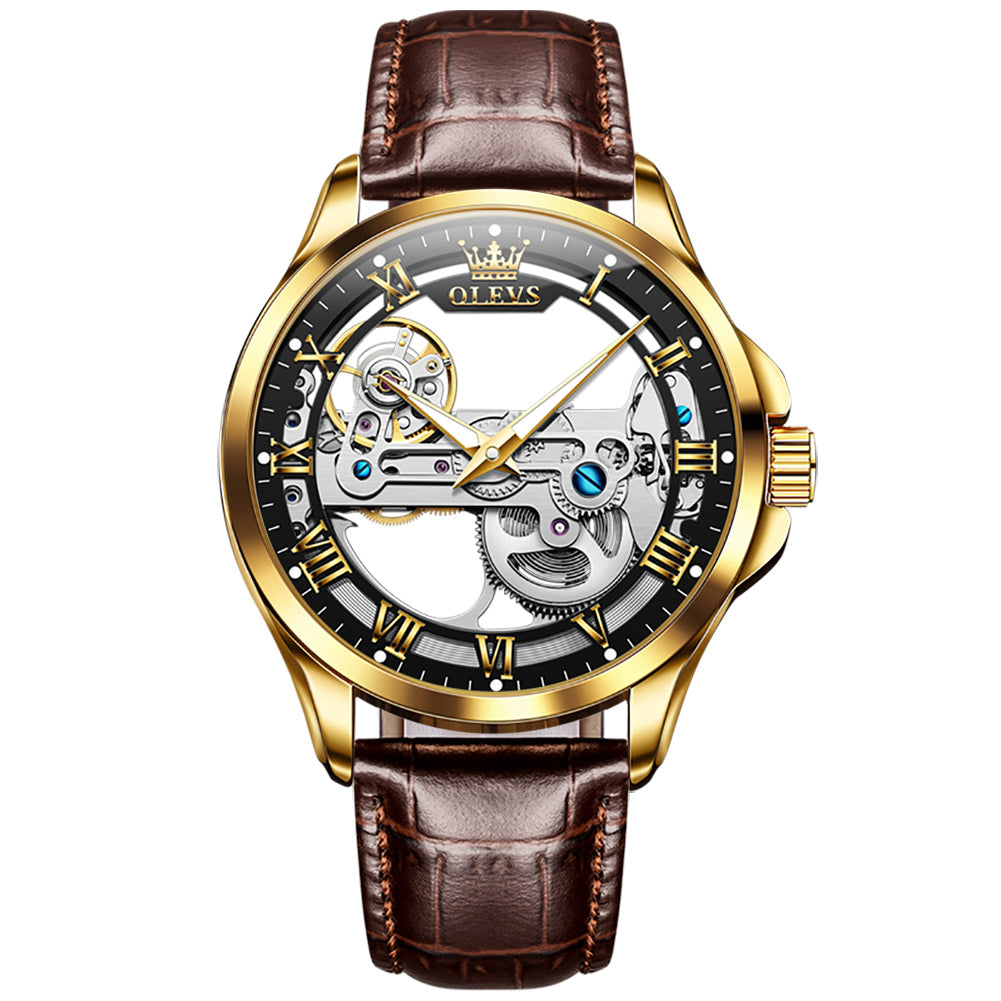 OLEVS Skeleton orologi automatici da uomo meccanici alla moda in pelle OLEVS Skeleton orologi automatici da uomo meccanici alla moda in pelle