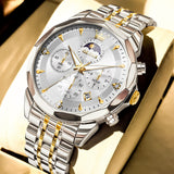 OLEVS 3673 Watches For Men Business Dress Luxury Casual Chronograph Multifunction Analog Quartz Stainless Steel Waterproof Luminous Moon Phase Date Men Wrist Watches Reloj Para Hombre White Dial