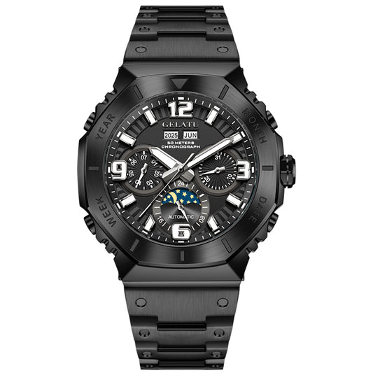 Men's Automatic Mechanical Watch Case Multi-Function Chronograph Moon Phase Year/Month/Date Display Stainless Steel Band Luxury Wrist Watch