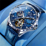 OLEVS 6689 Automatic Watches for Mens Starry Sky Skeleton Tourbillon Self Winding Mechanical Moon Phase Luminous Waterproof Luxury Dress Mens Wrist Watches Gifts Reloj Para Hombre Black/Blue/Green