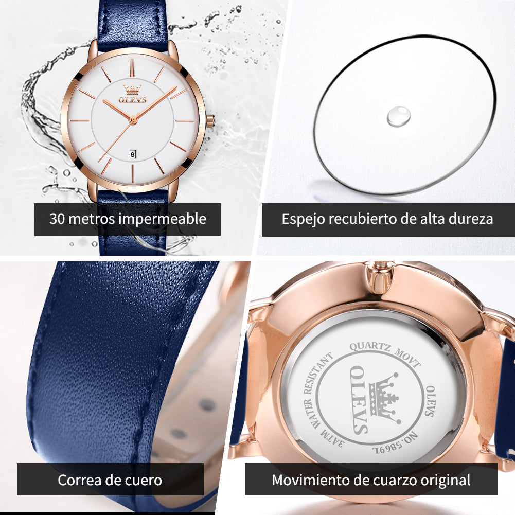 Blue Strap-White Dial Rose Trim