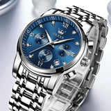 OLEVS 2858 Men's Watch, Business Chronograph Formal Stainless Steel Watch, Pointer Quartz Waterproof Luminous Men's Watch, Black and Blue Tone Stylish Holiday Gift