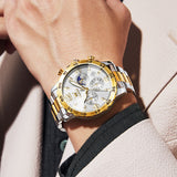 OLEVS 3678 Watches for Men Luxury Dress Chronograph Analog Quartz Gold Plated Stainless Steel Moon Phase Waterproof Luminous Date Fashion Mens Wrist Watches Reloj Para Hombre