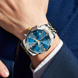 OLEVS 3673 Watches For Men Business Dress Luxury Casual Chronograph Multifunction Analog Quartz Stainless Steel Waterproof Luminous Moon Phase Date Men Wrist Watches Reloj Para Hombre White Dial