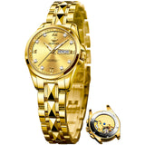 OLEVS 3262 Automatic Womens Watch Blue Two Tone Date Watches Mechanical Calendar Watches Diamond Fashion Waterproof Female Wrist Watch