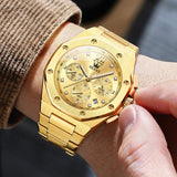 OLEVS 3626 Watches for Men Business Dress Analog Quartz Chronograph Gold Plated Stainless Steel Waterproof Luminous Date Classic Mens Wrist Watches Reloj Para Hombre