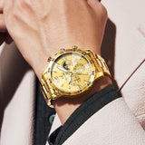 OLEVS 3678 Watches for Men Luxury Dress Chronograph Analog Quartz Gold Plated Stainless Steel Moon Phase Waterproof Luminous Date Fashion Mens Wrist Watches Reloj Para Hombre