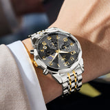 OLEVS 3676 Chronograph Watches for Men Business Dress Analog Quartz Gold Plated Stainless Steel Moon Phase Waterproof Luminous Date Luxury Mens Wrist Watches Reloj Para Hombre