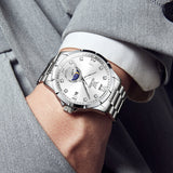 OLEVS 2956 Watches for Men Diamond Business Dress Casual Analog Moon Phase Calendar Quartz Stainless Steel Waterproof Luminous Date Men Wrist Watches Reloj Para Hombre White Dial