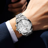 OLEVS 3673 Watches For Men Business Dress Luxury Casual Chronograph Multifunction Analog Quartz Stainless Steel Waterproof Luminous Moon Phase Date Men Wrist Watches Reloj Para Hombre White Dial